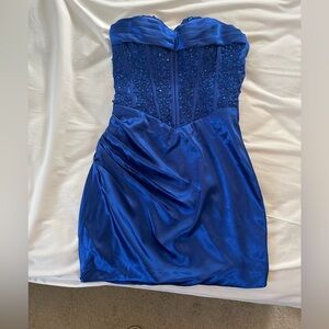 Blue corset top sequin dress.